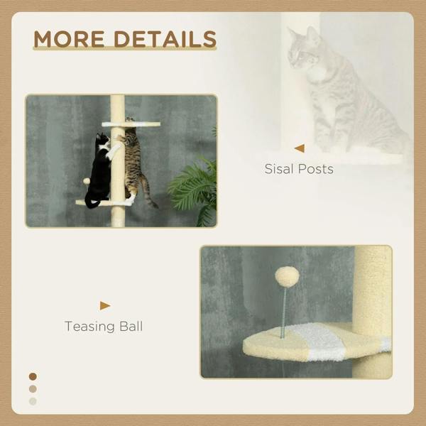 Cream cat tree featuring sisal posts and a dangling teasing ball toy.