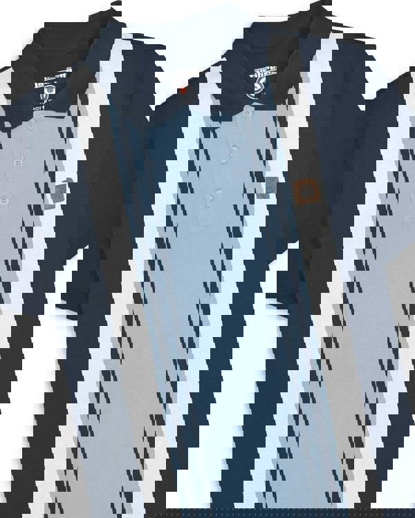 Lambretta Mens Vintage Classic Mod Ska Casual Smart Polo, navy blue and light blue striped polo shirt with collared neckline and button placket.