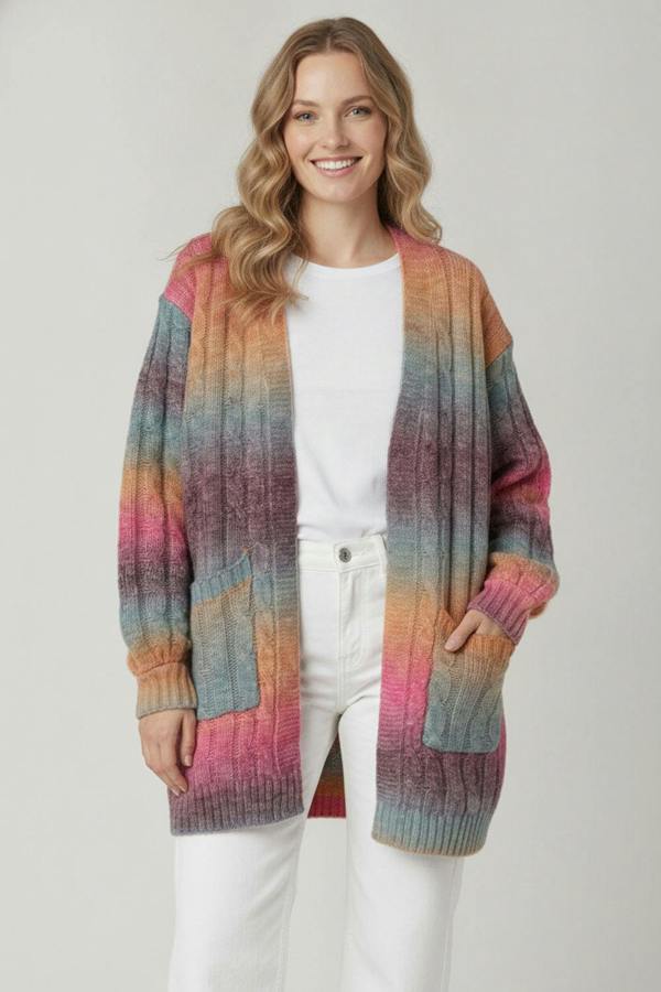 Pink | Rainbow Print Relaxed Longline Cardigan