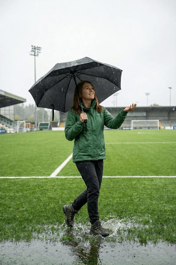 Woman holding open black Optimum umbrella on wet football pitch in rain, lifestyle shot - Optimum