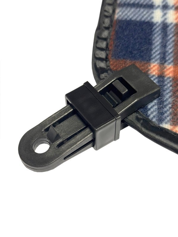 Illustration of a OLPRO Tent Groundsheet Pegging Clamp attached to a tent carpet, demonstrating one of its numerous applications. Available in a pack of four.