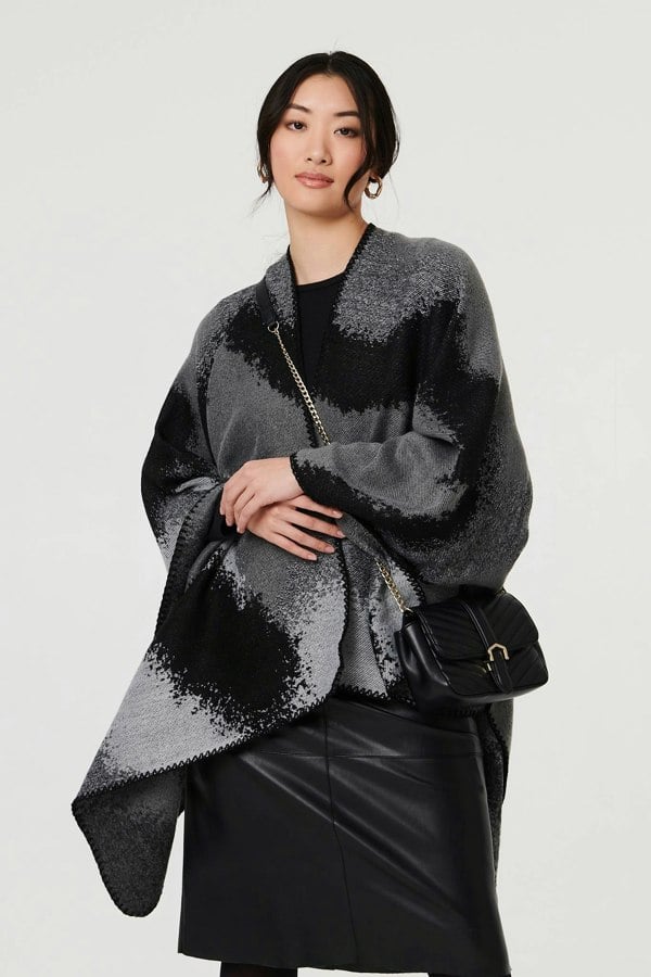 Black | Abstract Print Oversized Poncho
