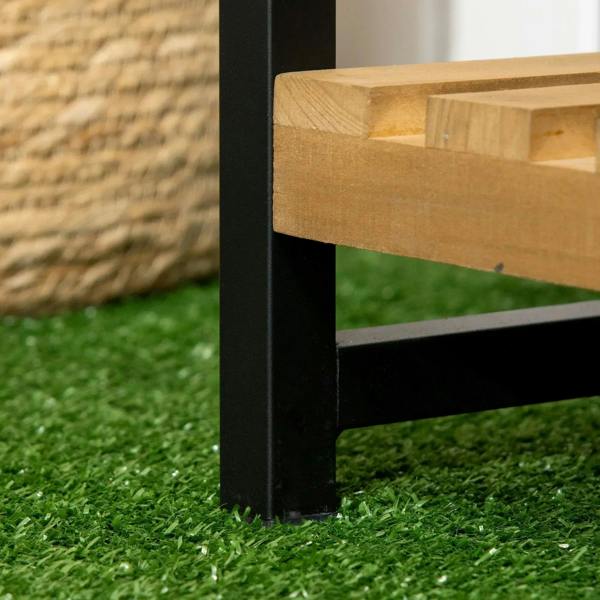 Plant stand base and leg, black metal support with light wood shelf edge