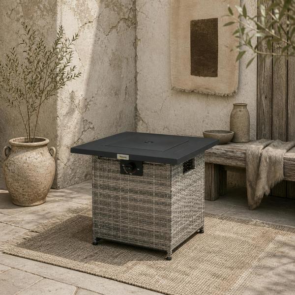 Wyld Haus Rata Faux Rattan Grey Square Gas Fire Pit Table With Rain Cover Mesh Lid And Lava Stones