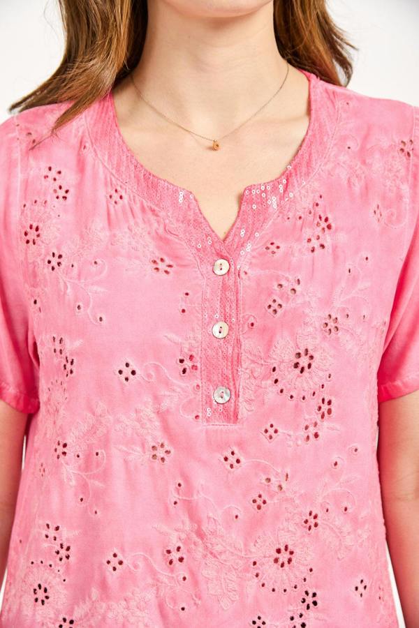 Mudflower Acid Wash Embroidery Anglaise Embellished Top