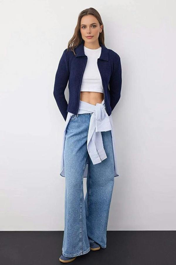 WOVCOR Soft Textured Knit Cardigan with Zipper Detail