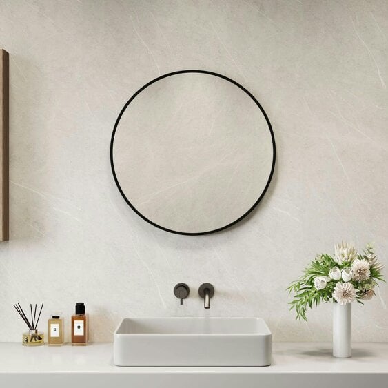 Neo 60cm Black Round Metal Frame Wall Mirror Float Glass HD Reflection Anti-Rust Moisture-Proof Wall Mounted Bathroom Bedroom Hallway Living Room