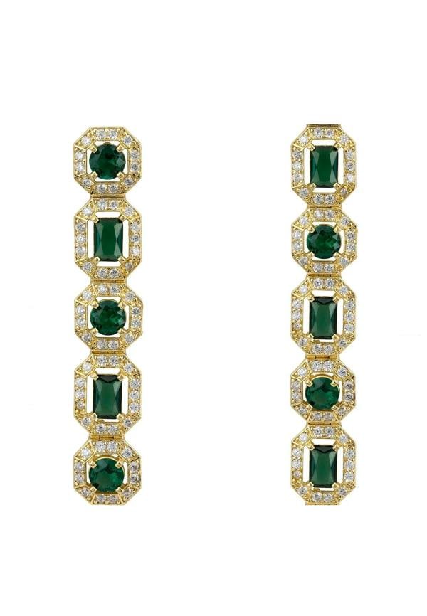 Gold and diamond halo emerald earrings.