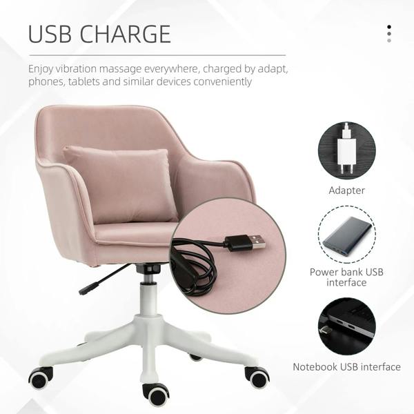 Pink velvet office chair with USB charging interface near arm and cable