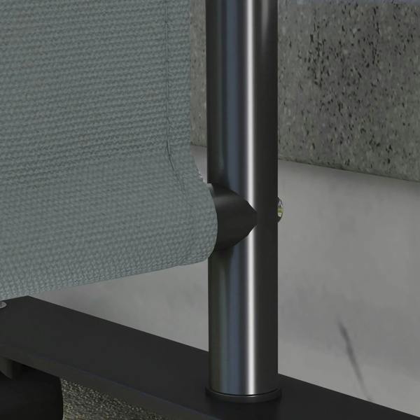 Dark grey privacy screen corner showing metal post and bottom frame