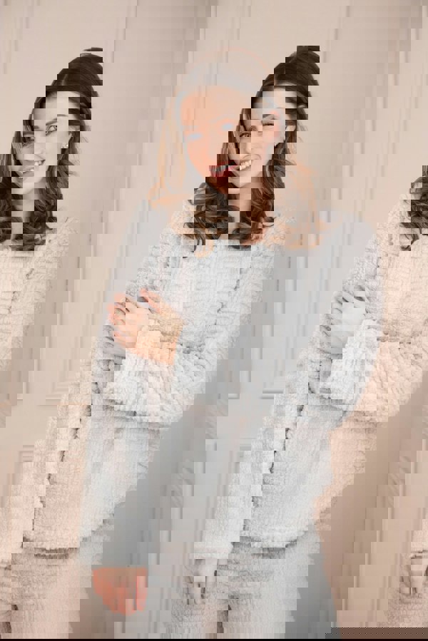 Camille Womens Grey Supersoft Fleece Textured Woven Pattern Pyjama Set