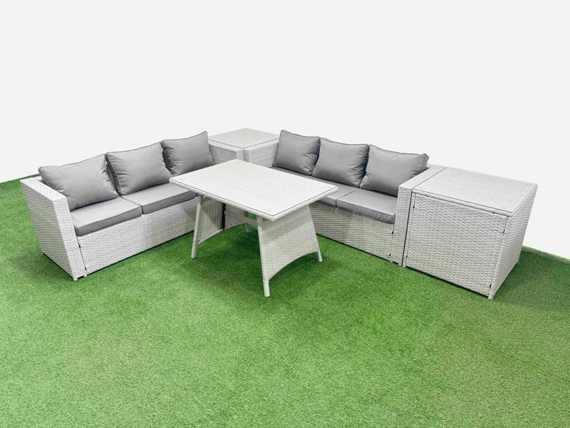 Fimous Rattan Garden Furniture Dining Set 6 seater Patio Rectangular Table 3 Seater Sofa Set with 2 Side Tables Light Grey