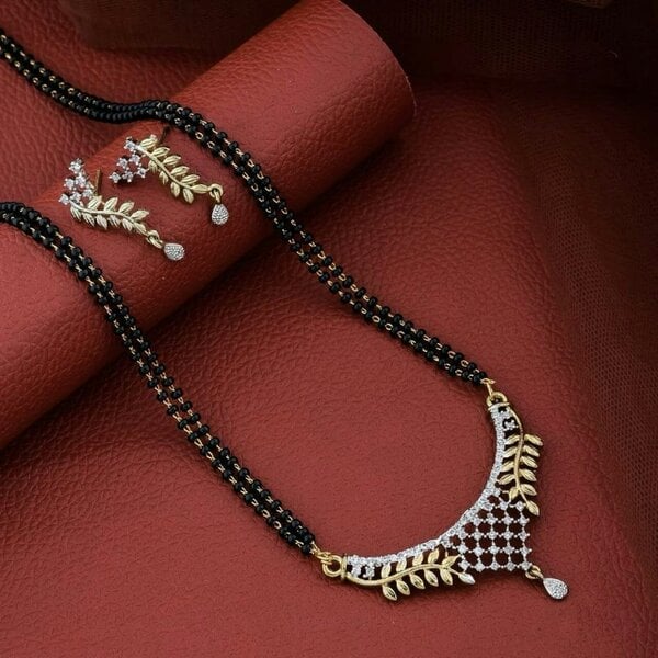 The Colourful Aura Indian Nazaria Gold Leaf Floral Zircon Mangalsutra Black Beads Pendant Necklace