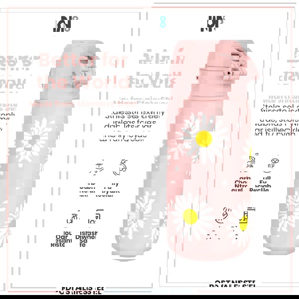 A pink, daisy-patterned stainless steel water bottle sits against a white background. The bottle is advertised as durable, recyclable, and dishwasher safe.