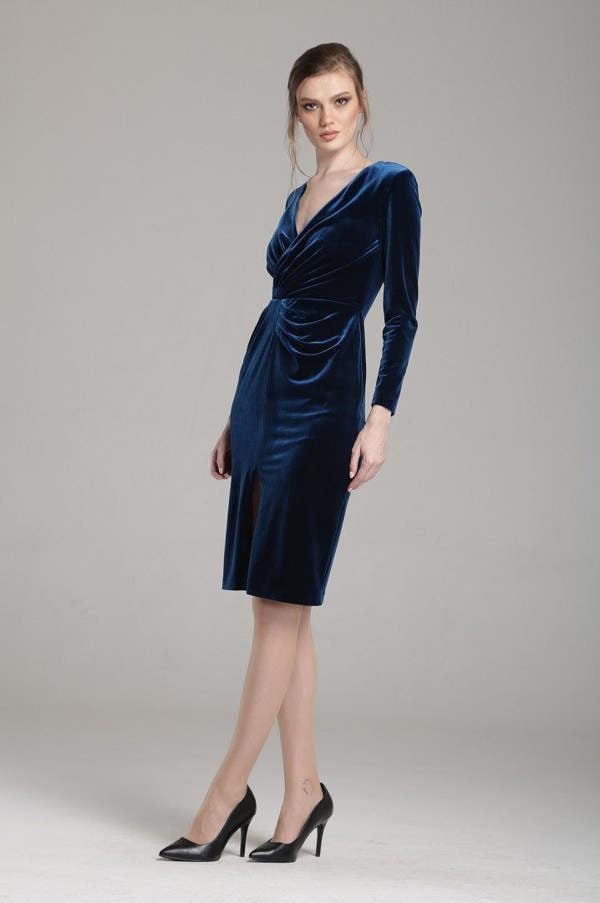 Rumour London Scarlett velvet dress with v-neck neckline and draped detail in royal blue