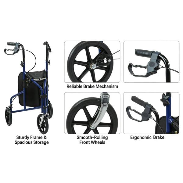 Gr8 Home 3 Wheel Rollator Walker Lightweight Folding Adjustable Height Brakes Bag 125kg