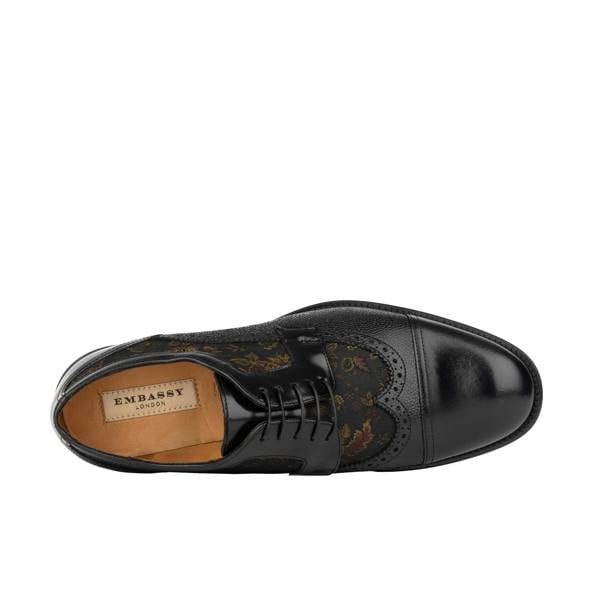 Embassy London Orlando - Black & Yellow Flowers - Men's toe cap dressy black shoe with flower print leather