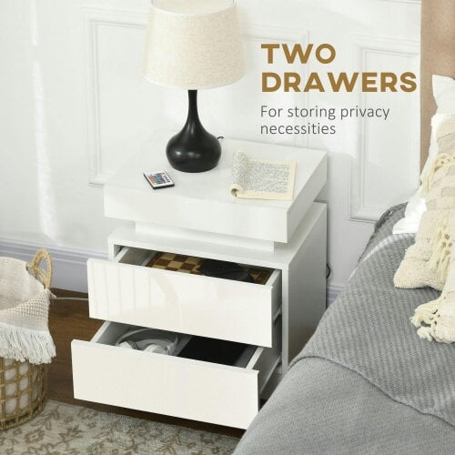 Wyld Haus Rema High Gloss White Bedside Table With LED Lighting And 2 Drawer Storage