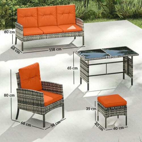 Wyld Haus Lodori Grey Rattan 7 Seater Outdoor Dining Set with Orange Cushions And Table