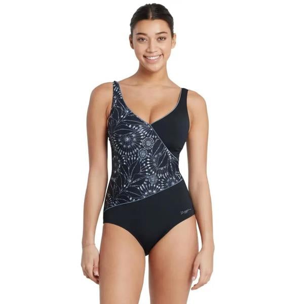 Zoggs Stellar Wrap black and white floral one-piece swimsuit