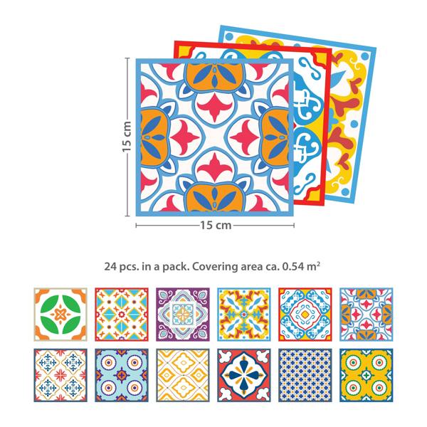 WALPLUS WT1536 - Classic Mediterranean Colourful Mixed Tiles Wall Stickers Set 2 - 15 x 15 cm (6 x 6 inches) - 24 pcs.