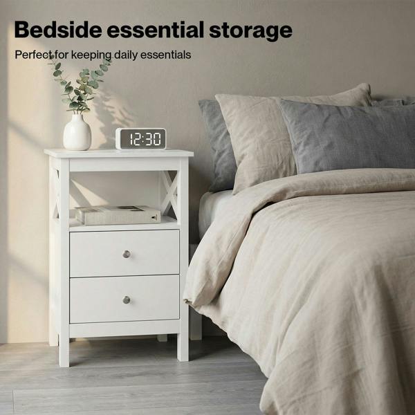 Levede Bedside Table Wood Nightstand Cabinet 2 Storage Drawers Open Shelf White