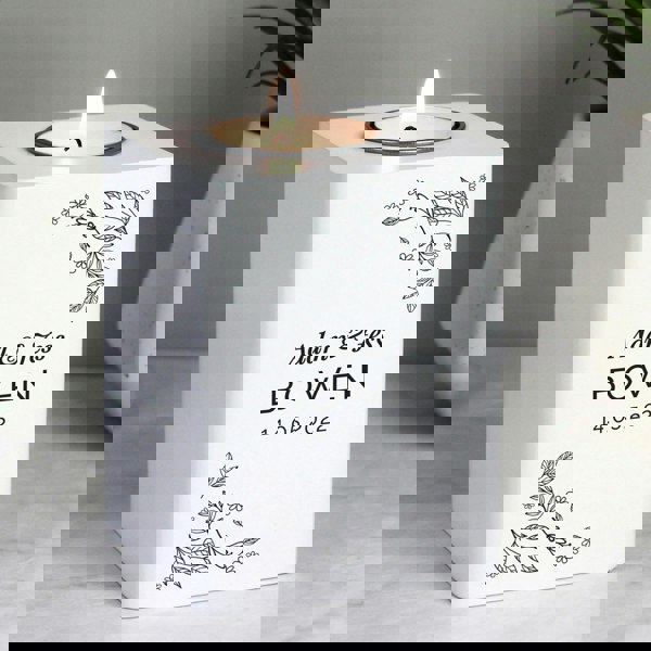 Personalised Memento Company Personalised Floral Leaf White Wooden Tea Light Holder