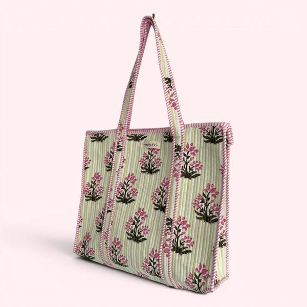 Hayley & Co Pink and Green Floral and Stripe Quilted Cotton Tote Bag