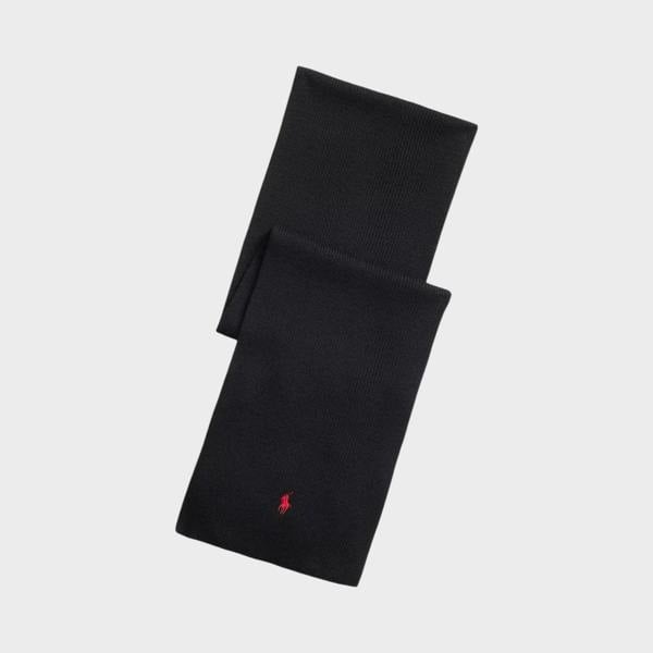 Supplied Fashion black wool scarf featuring a small red embroidered pony logo, perfect for winter layering.