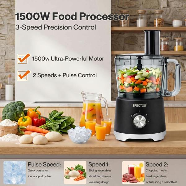 Spector Food Processor 1500W 2-Speed Pulse 2.5L Chopper 1.5L Glass Jug Black