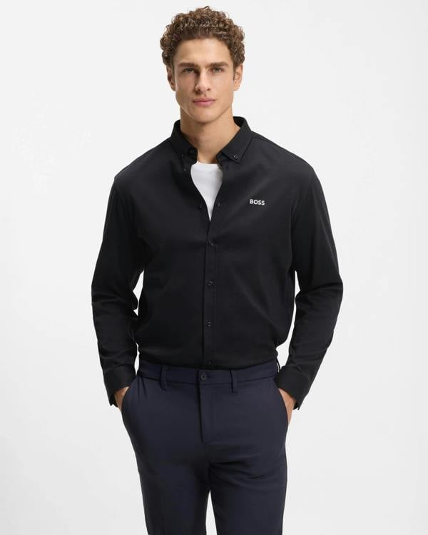BOSS Green ST Motion Mens Long Sleeve shirt in cotton jersey with natural stretch - Dark Blue 402 | CHO | Designer Mens,Shirts,Long Sleeve