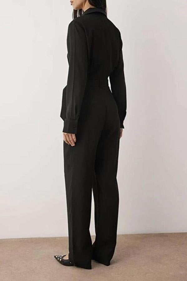 WOVCOR Shirt Collar Draped Straight Leg Jumpsuit