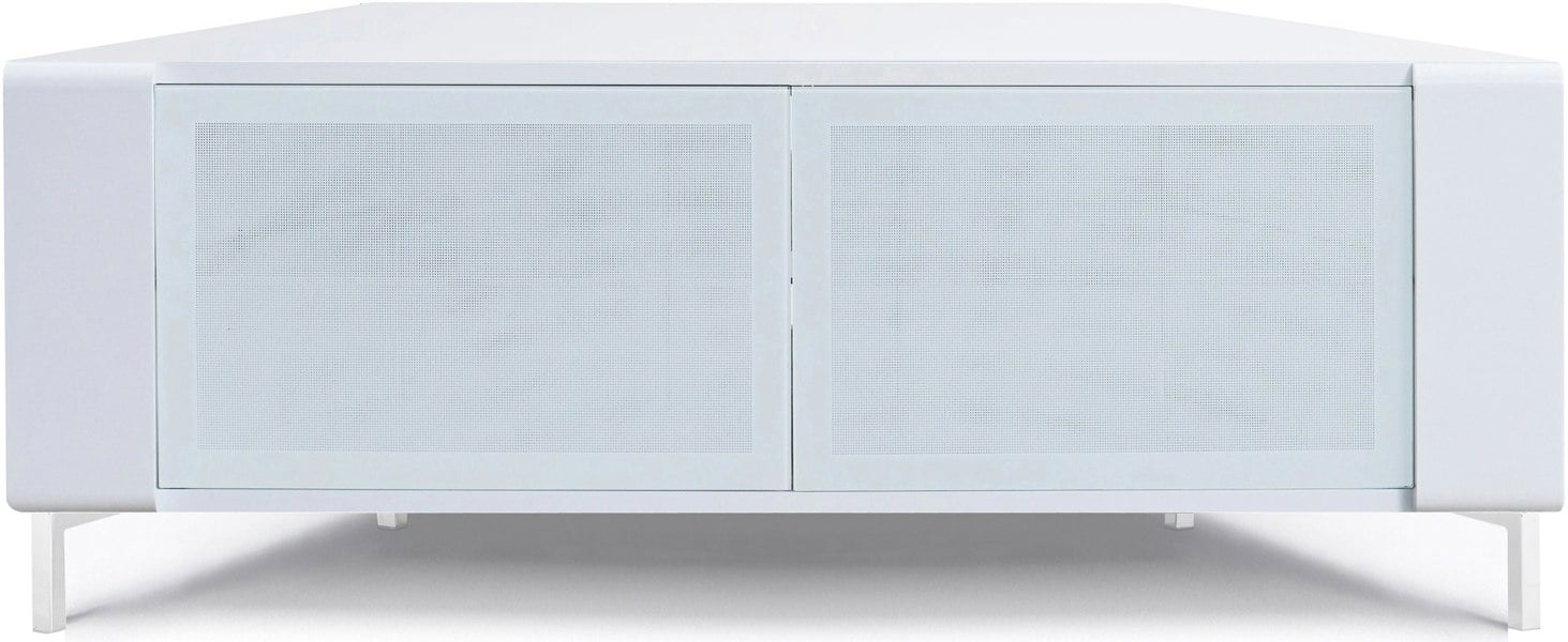 MDA Designs CORVUS Corner-Friendly Gloss White Contemporary Cabinet with White Profiles White BeamThru Glass Doors for Flat Screen TVs up to 50"