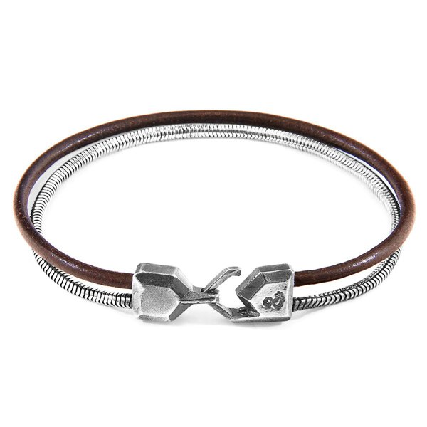 Anchor & Crew Mocha Brown Gallant Mast Silver and Round Leather Bracelet 