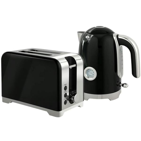 Retro toaster and kettle set in black with silver accents, kettle with handle and spout.