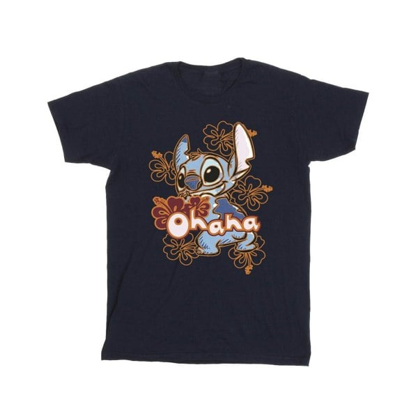 Disney Mens Lilo And Stitch Ohana Orange Hibiscus T-Shirt - Navy Blue