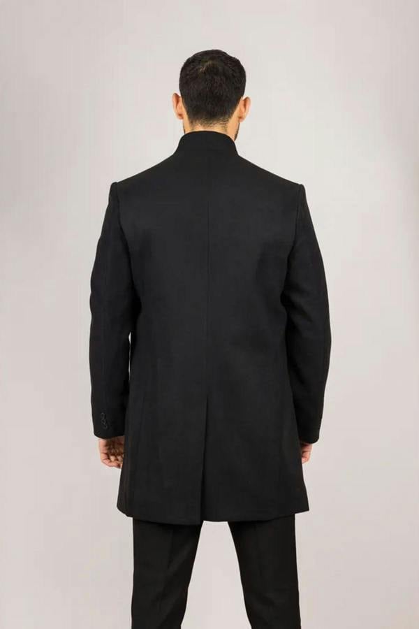 Infinity Leather Men's Black Stand Collar Wool Blend Overcoat