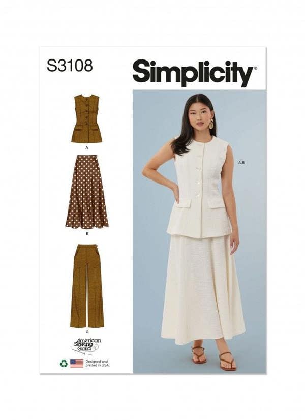 Simplicity Sewing Pattern 3108, Waistcoats, Skirts, Trousers for Women, H5 (6-8-10-12-14) - Intermediate