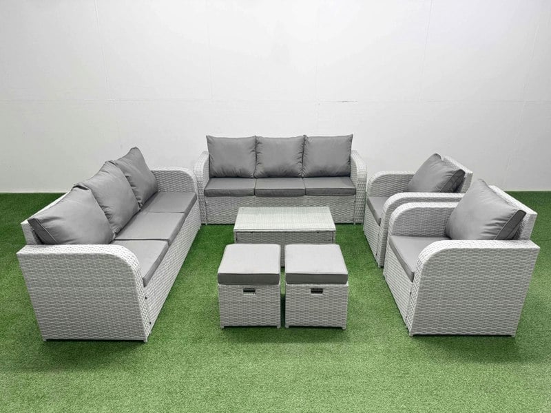 Fimous PE Rattan High Back Lounge Sofa Set Patio Coffee Table & Chairs Set with 3 Seater Sofa Reclining Chair Stools Light Grey