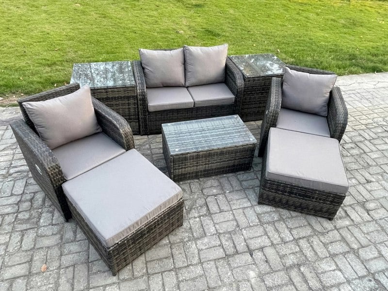 Fimous 6 Seater Outdoor Lounge Sofa Set Rattan Garden Furniture Set with Rectangular Coffee Table 2 Big Footstool 2 Side Tables Dark Grey Mixed