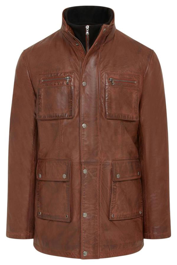 Infinity Leather Men’s Leather Military Jacket Outwear Trenchcoat - Field