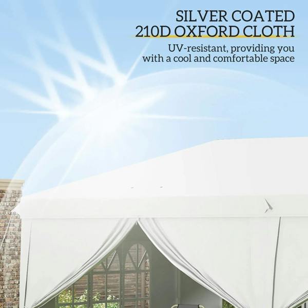 White gazebo canopy roof with side curtain valance and window panel opening
