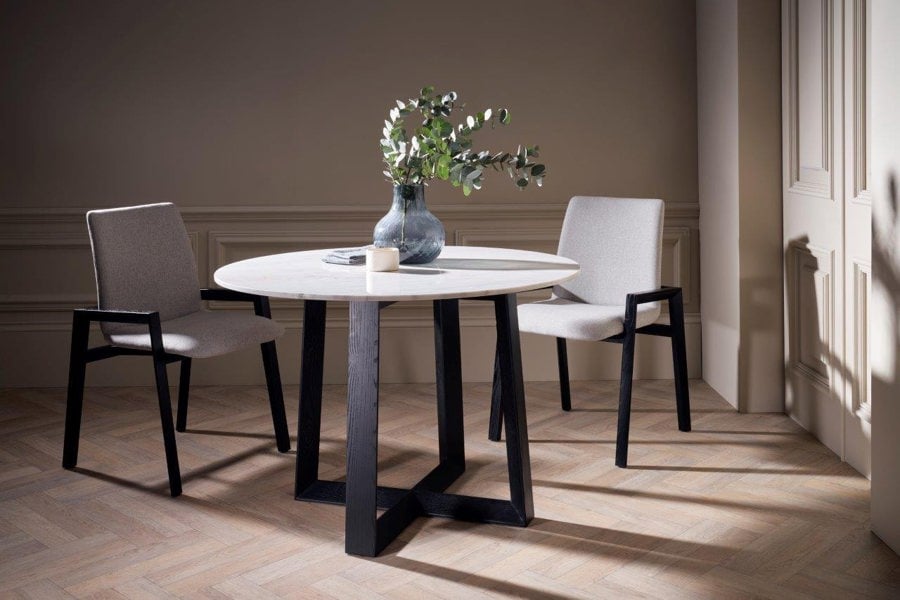 Cadiz Large Round Dining Table with Natural Stone Real White Marble Top & Natural Black Oak Base by Gillmore British Design © GillmoreSPACE Limited