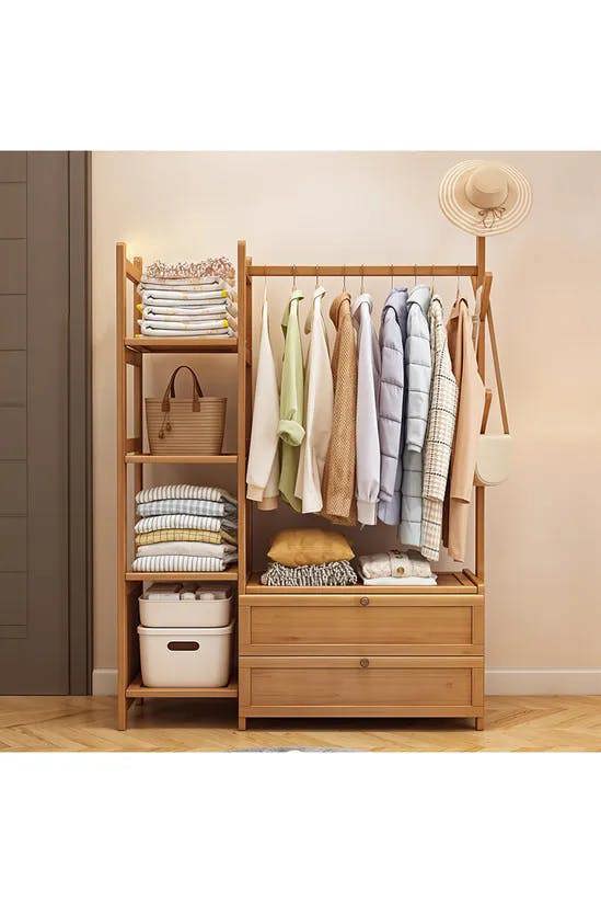 Living and Home Freestanding Bamboo Clothes Rack Garment Rack with Storage Shelves Coat Hanger
