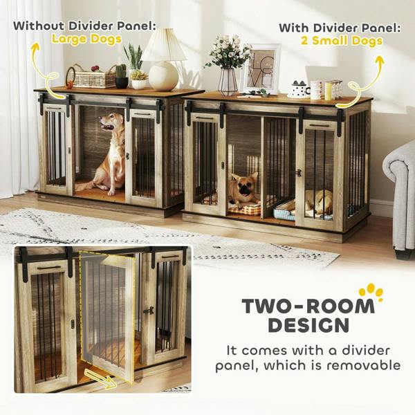 Oak-tone dog crate furniture with removable divider panel and two sliding doors.