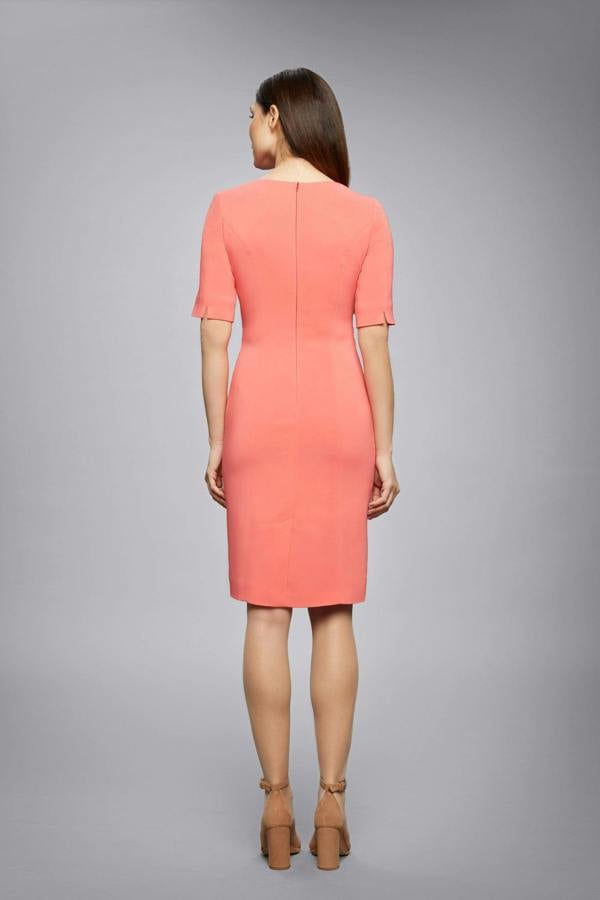Rumour London Amelie fitted knee length dress with asymmetrical neckline in coral