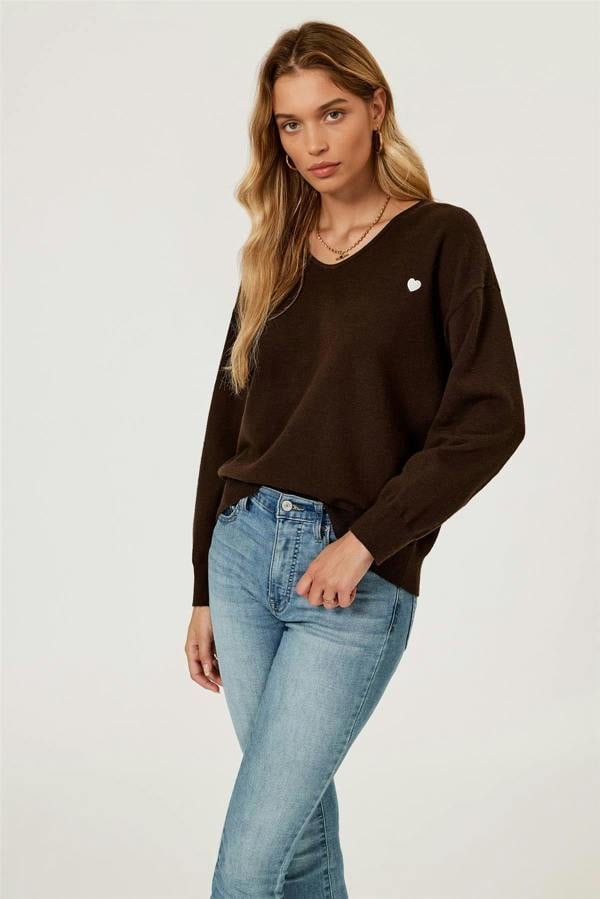 FS Collection Heart Embroidered Knit Jumper Top In Brown