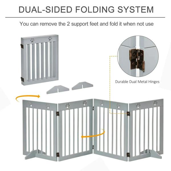 Grey folding pet gate with dual-sided hinges and paw print top panels