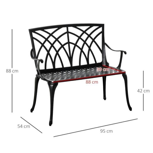 2-Seater Cast Aluminium Garden Bench Loveseat Outdoor Furniture Chair w/ Decorative Backrest & Ergonomic Armrest for Patio Terrace Porch