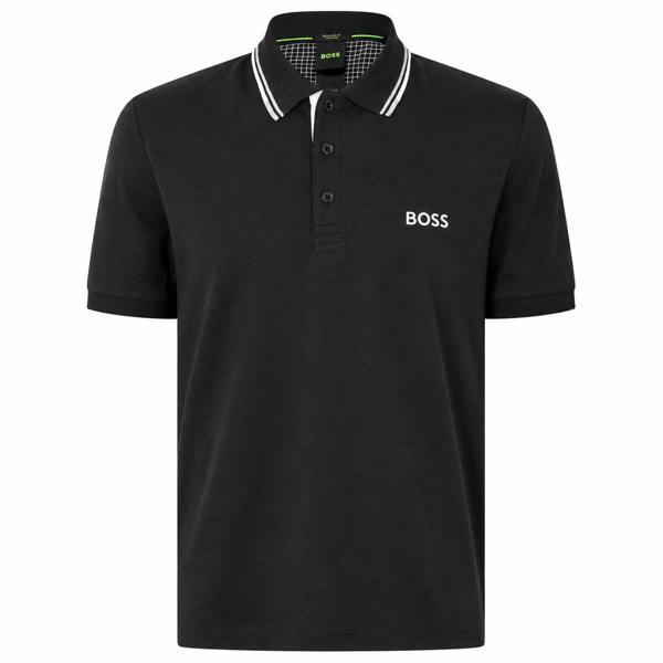Black BOSS Paddy Pro polo shirt featuring a three-button placket and white striped collar detailing.